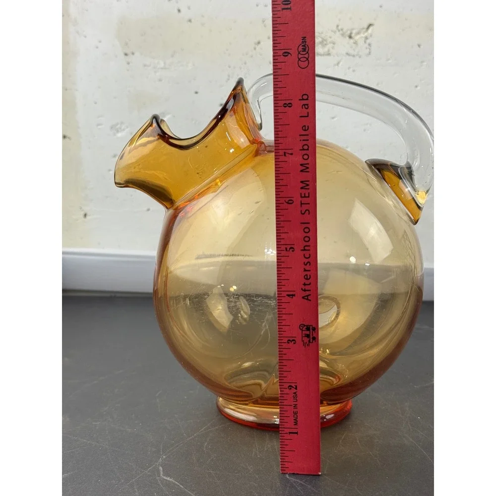 Vintage Cambridge Amber Hand Blown Glass Tilt Pitcher‎ Clear Handle MCM 8.5